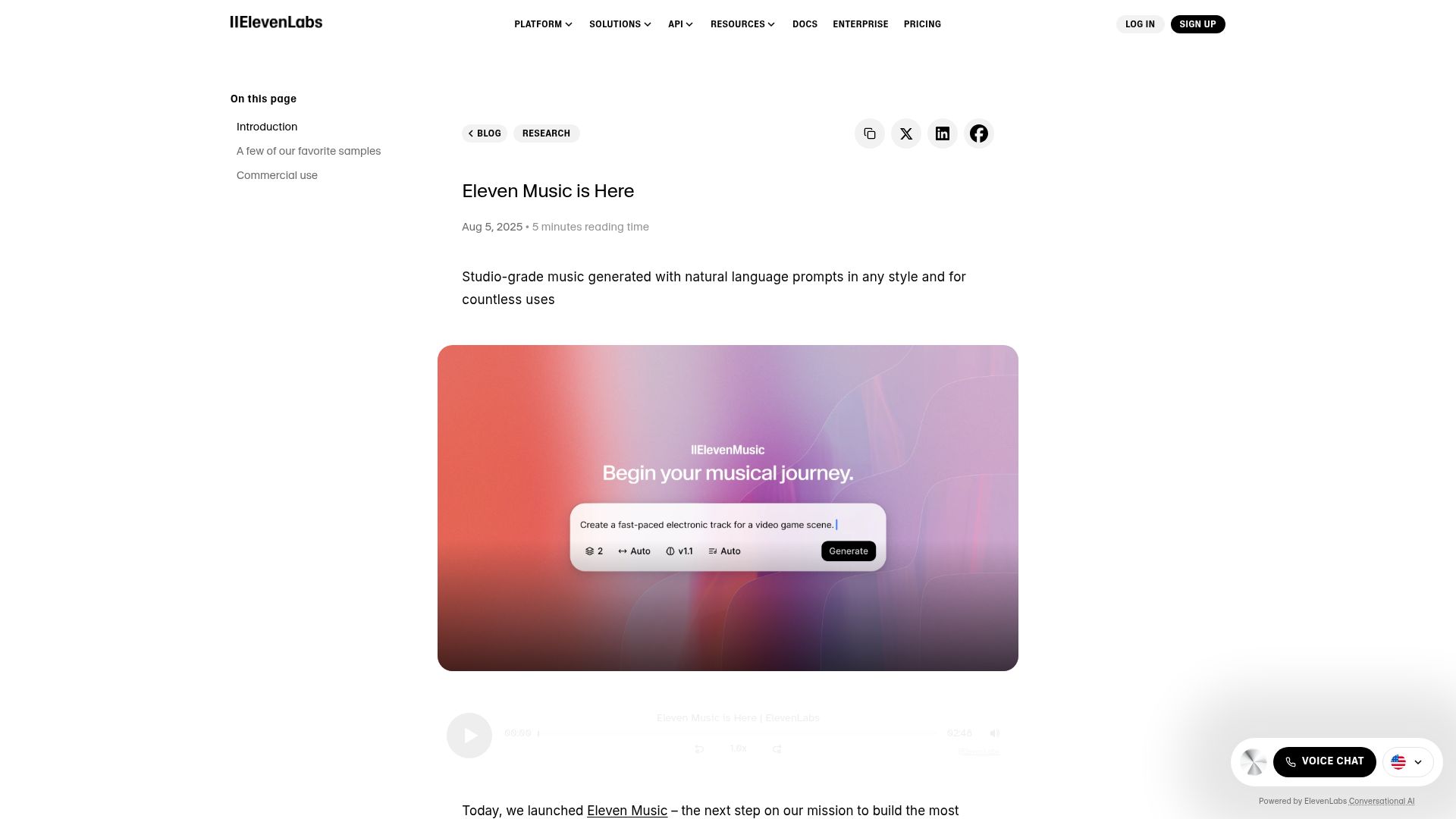 Screenshot of elevenlabs.io: Eleven Music