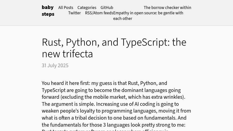 Screenshot of smallcultfollowing.com: Rust, Python, and TypeScript: the new trifecta