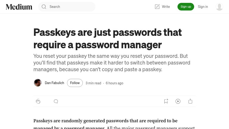 Screenshot of danfabulich.medium.com: Passkeys are just passwords that require a password manager
