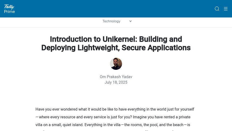 Screenshot of tallysolutions.com: Introduction to Unikernel: Building, deploying lightweight, secure applications