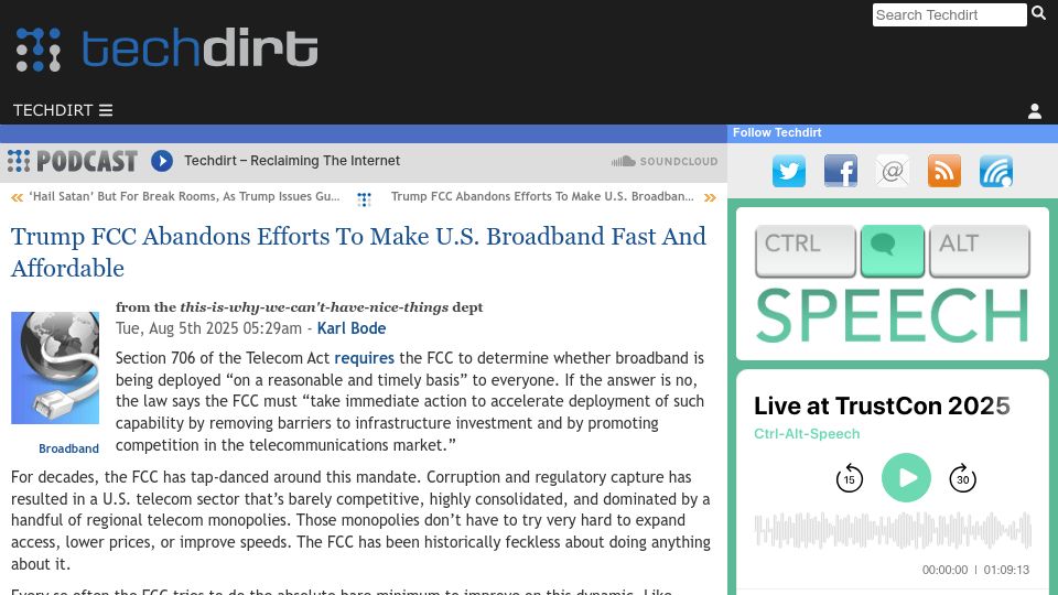 Screenshot of techdirt.com: FCC abandons efforts to make U.S. broadband fast and affordable