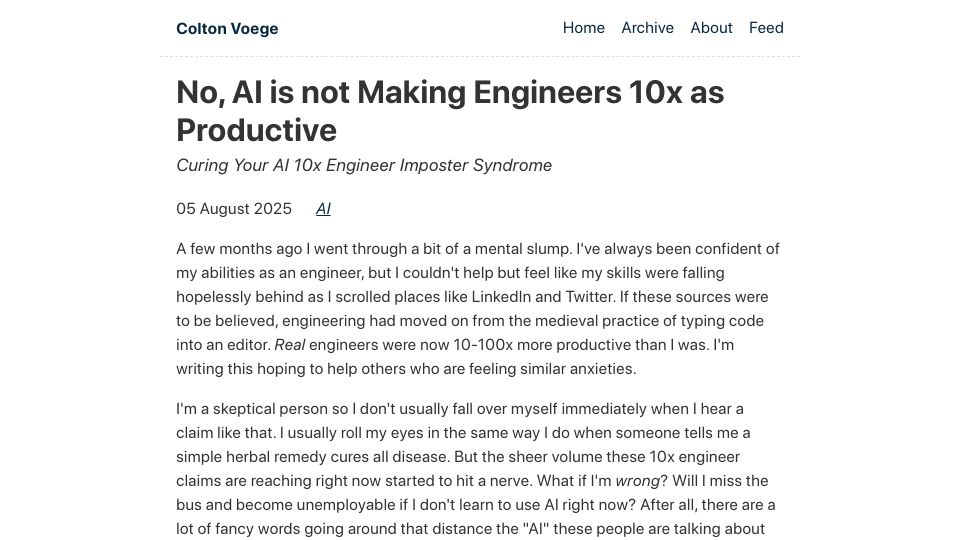 Screenshot of colton.dev: Things that helped me get out of the AI 10x engineer imposter syndrome