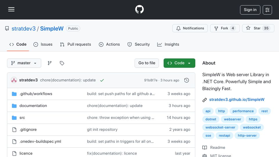Screenshot of github.com: SimpleW – Web Server Library .NET Core