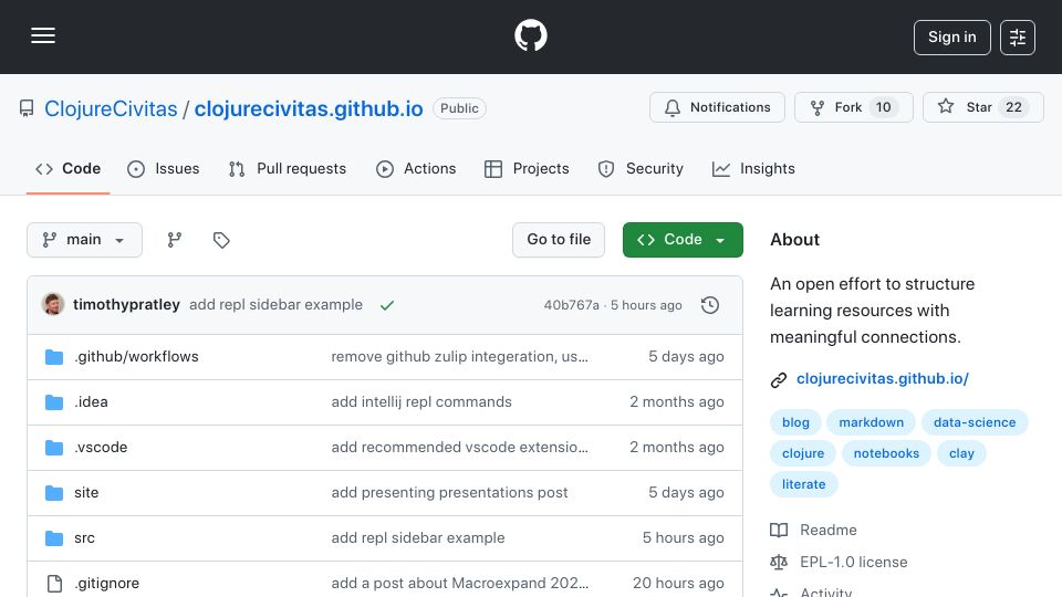 Screenshot of github.com: Clojure Civitas – Publish Clojure Ideas and Explorations