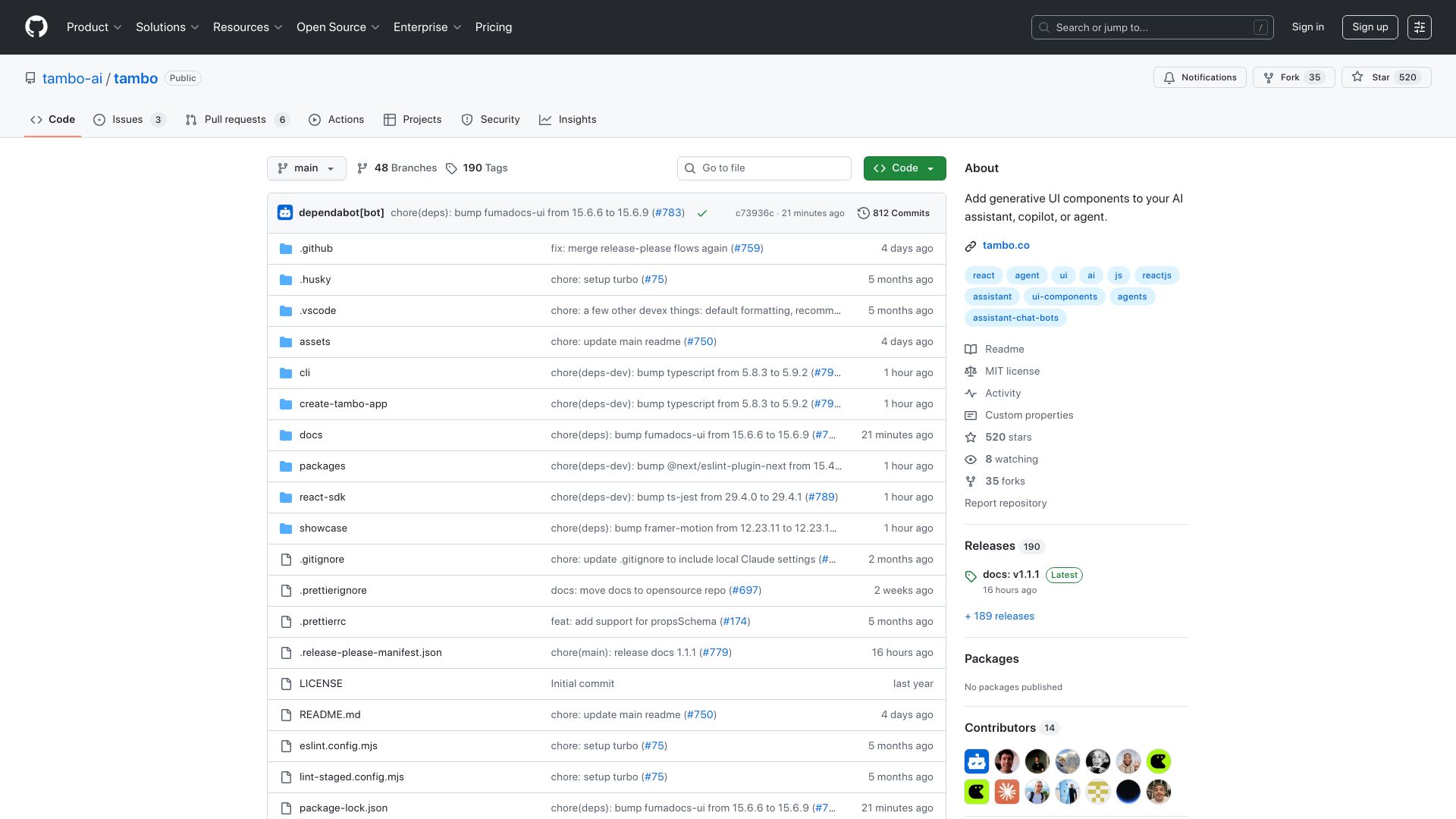 Screenshot of github.com: Show HN: Tambo – build generative UX web apps