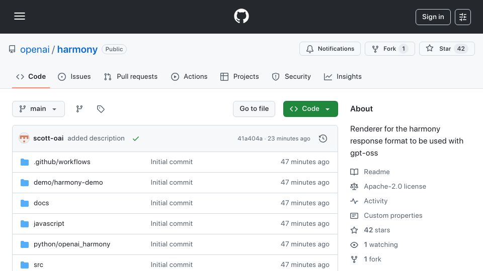 Screenshot of github.com: OpenAI Harmony