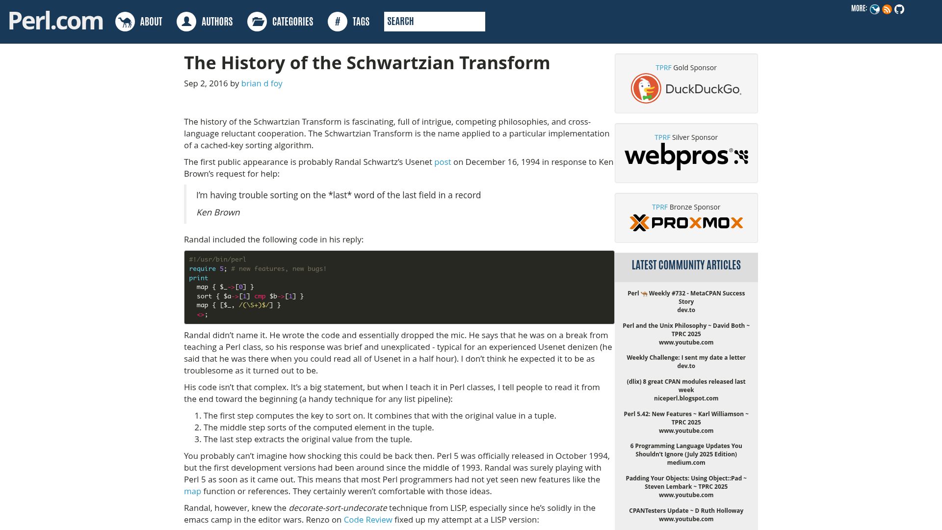 Screenshot of perl.com: The history of the Schwartzian Transform (2016)