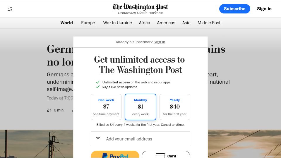 Screenshot of washingtonpost.com: Germany's identity crisis: The trains no longer run on time