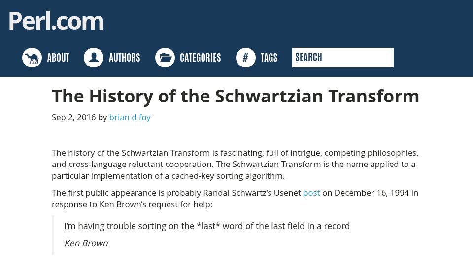 Screenshot of perl.com: The history of the Schwartzian Transform (2016)