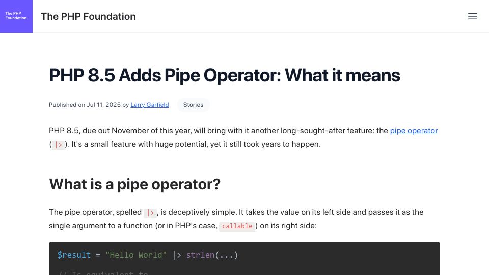 Screenshot of thephp.foundation: PHP 8.5 adds pipe operator