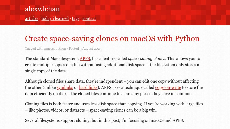 Screenshot of alexwlchan.net: Create space-saving clones on macOS with Python