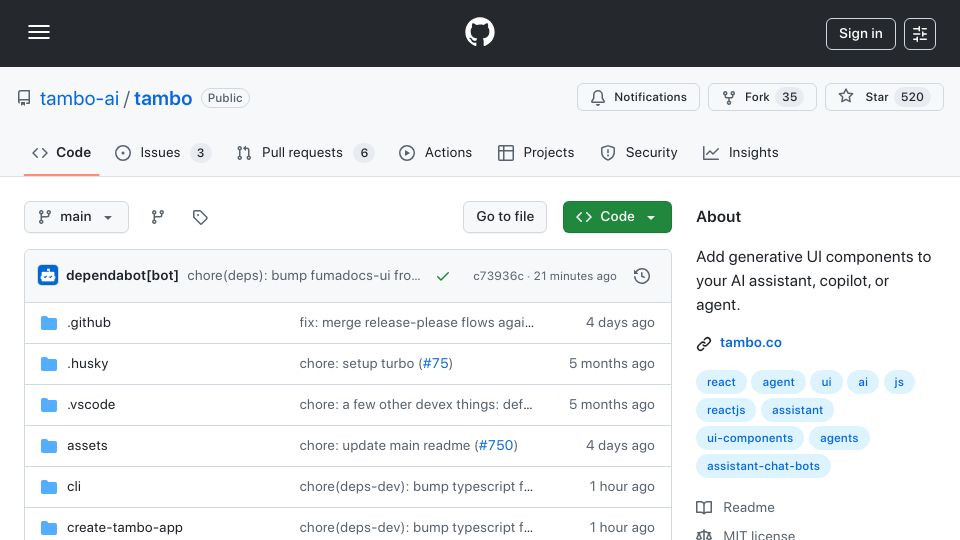 Screenshot of github.com: Show HN: Tambo – build generative UX web apps