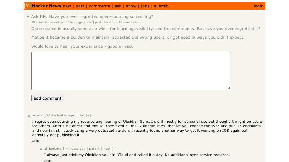 Screenshot of Hacker News post: Ask HN: Have you ever regretted open-sourcing something?