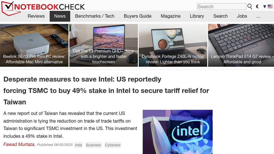 Screenshot of notebookcheck.net: US reportedly forcing TSMC to buy 49% stake in Intel to secure tariff relief