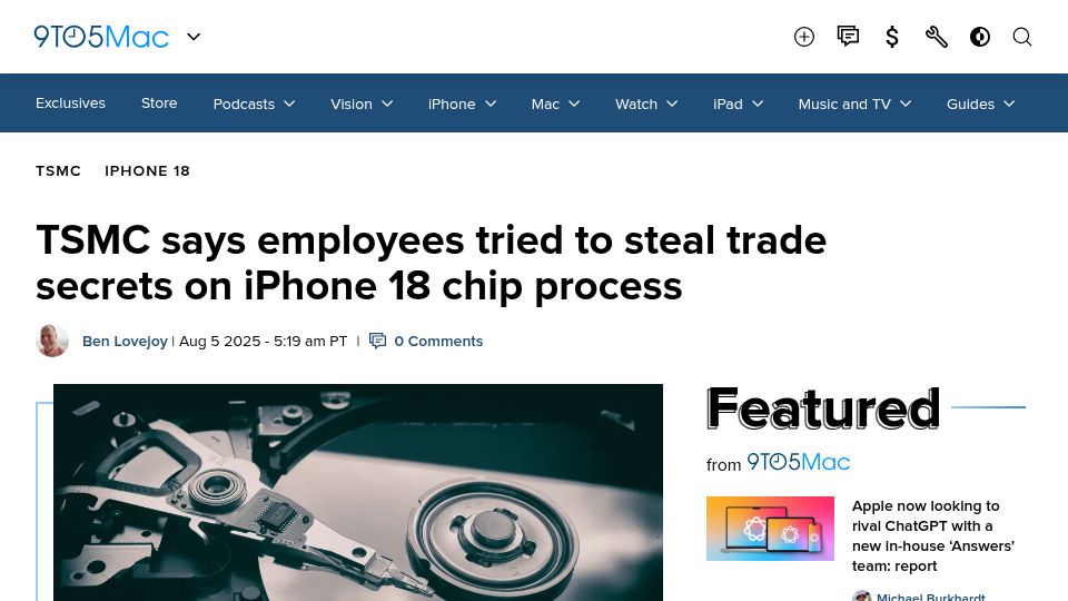 Screenshot of 9to5mac.com: TSMC says employees tried to steal trade secrets on iPhone 18 chip process
