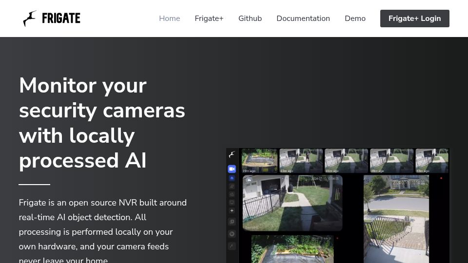 Screenshot of frigate.video: Monitor your security cameras with locally processed AI