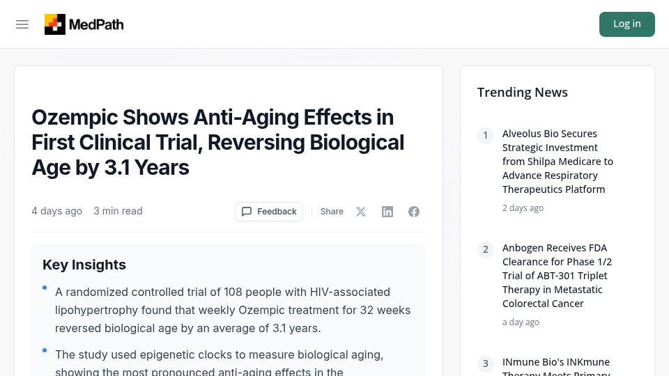 Screenshot of trial.medpath.com: Ozempic shows anti-aging effects in trial