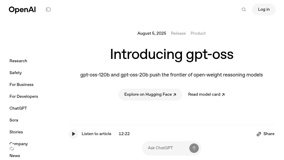 Screenshot of openai.com: Introducing gpt-oss