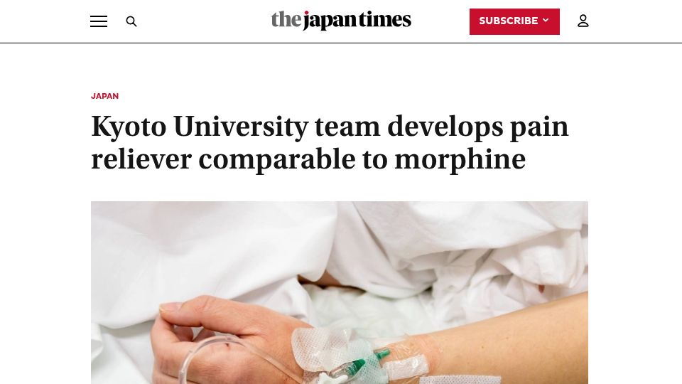 Screenshot of japantimes.co.jp: Kyoto University team develops pain reliever comparable to morphine