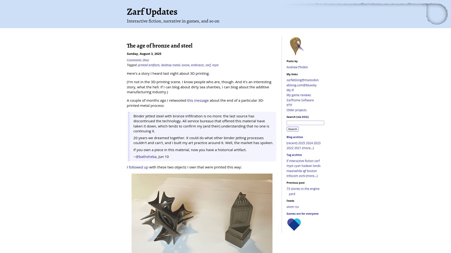 Screenshot of blog.zarfhome.com: The Age of Bronze and Steel
