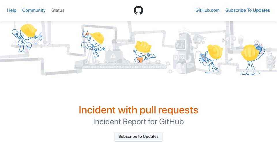 Screenshot of githubstatus.com: GitHub pull requests were down