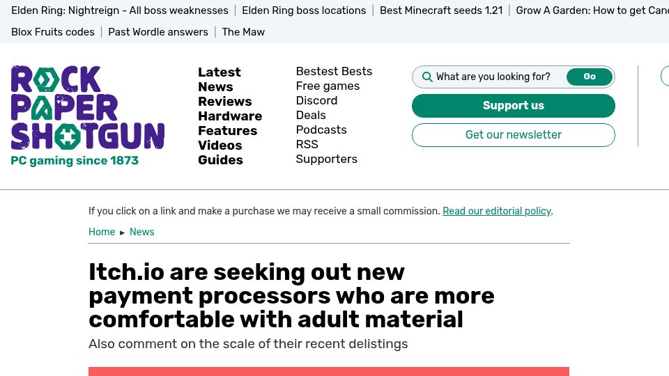 Screenshot of rockpapershotgun.com: Itch.io seeks payment processors who work with with adult material
