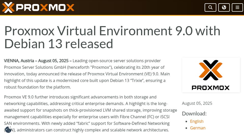 Screenshot of proxmox.com: Proxmox Virtual Environment 9.0 with Debian 13 released