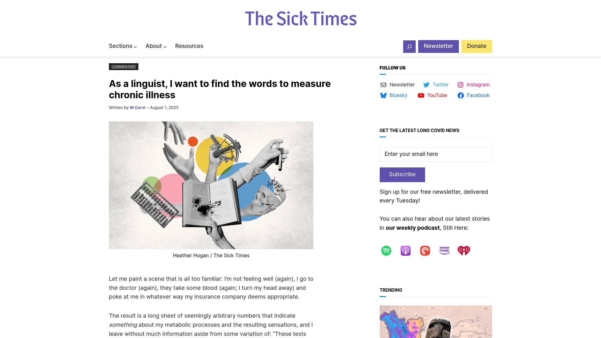 Screenshot of thesicktimes.org: As a linguist, I want to find the words to measure chronic illness