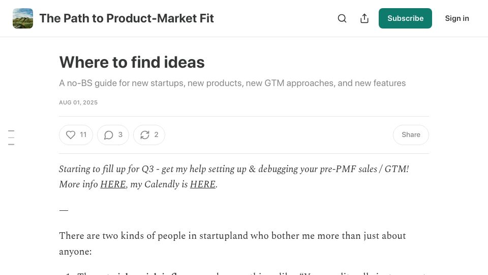Screenshot of howtogrow.substack.com: Where to find ideas