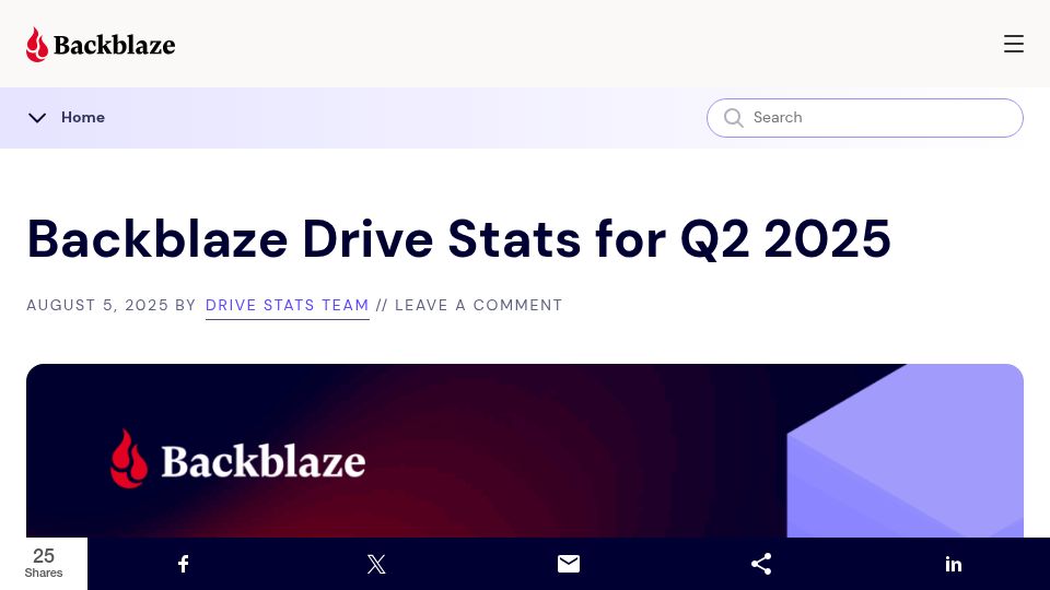 Screenshot of backblaze.com: Backblaze Drive Stats for Q2 2025