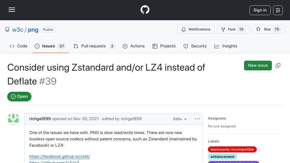 Screenshot of github.com: Consider using Zstandard and/or LZ4 instead of Deflate