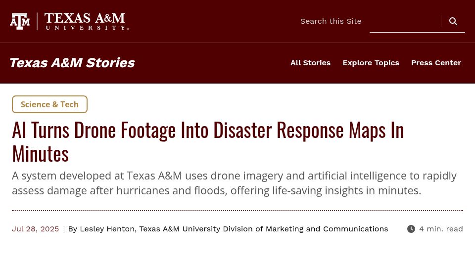 Screenshot of stories.tamu.edu: Using drone imagery and AI to rapidly assess damage after hurricanes and floods