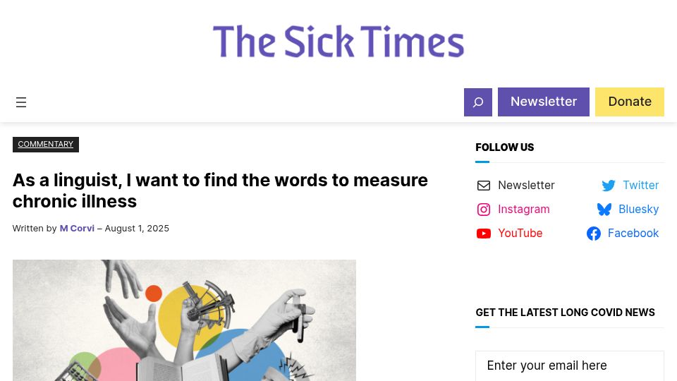 Screenshot of thesicktimes.org: As a linguist, I want to find the words to measure chronic illness