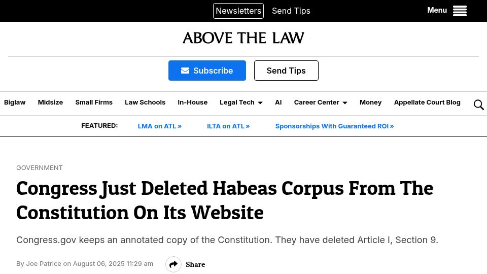 Screenshot of abovethelaw.com: Congress Just Deleted Habeas Corpus from the Constitution on Its Website