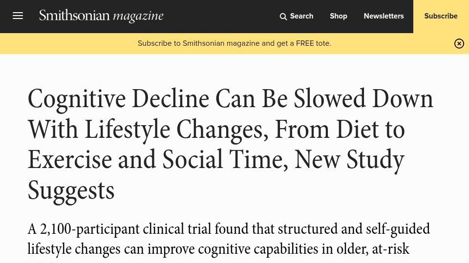 Screenshot of smithsonianmag.com: Cognitive decline can be slowed down with lifestyle changes