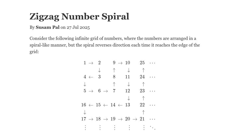 Screenshot of susam.net: Zigzag Number Spiral - Closed Form Expression
