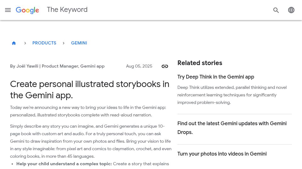 Screenshot of blog.google: Create personal illustrated storybooks in the Gemini app