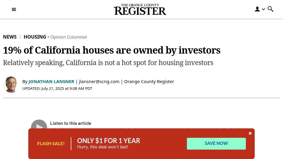 Screenshot of ocregister.com: 19% of California houses are owned by investors