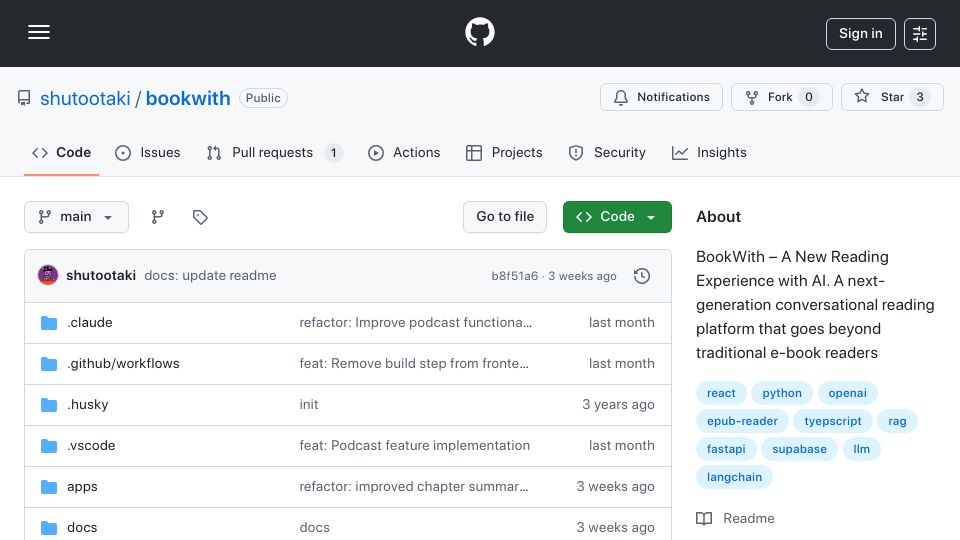 Screenshot of github.com: Show HN: An Open-Source E-Book Reader for Conversational Reading with an LLM
