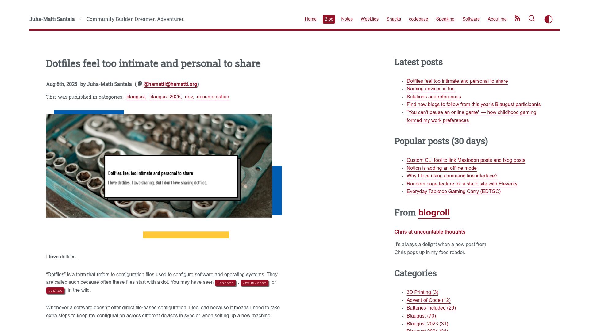 Screenshot of hamatti.org: Dotfiles feel too personal to share