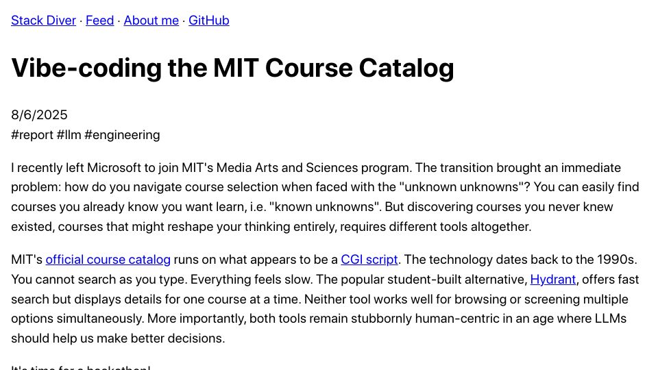 Screenshot of stackdiver.com: Vibe coding the MIT course catalog