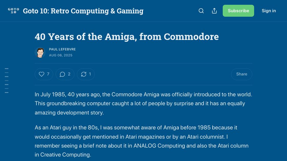 Screenshot of goto10retro.com: 40 Years of the Amiga, from Commodore