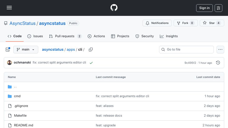 Screenshot of github.com: Show HN: AsyncStatus CLI – post status updates from your terminal (open-source)