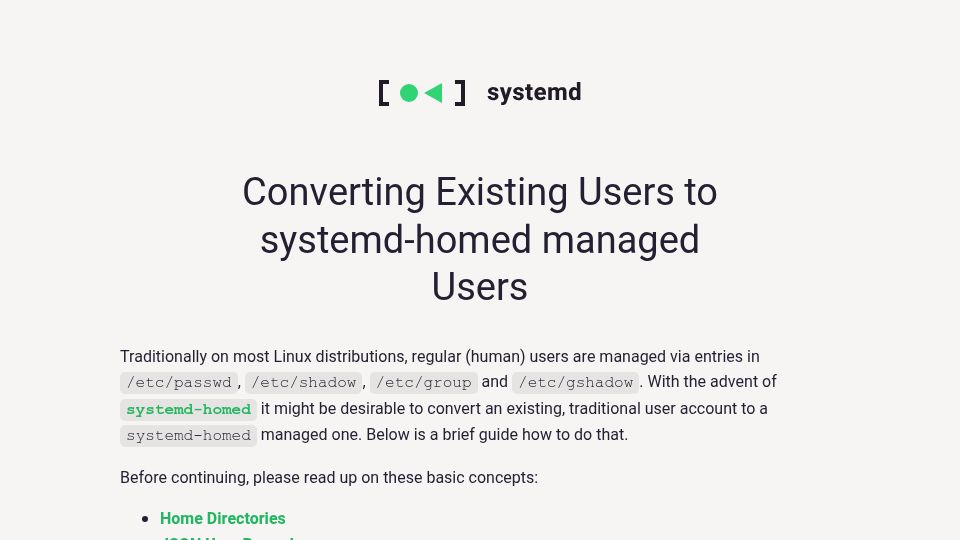 Screenshot of systemd.io: Converting existing users to systemd-homed managed users