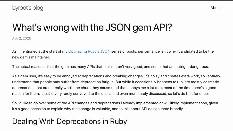 Screenshot of byroot.github.io: What's wrong with the JSON gem API?