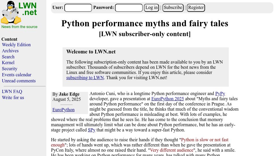 Screenshot of lwn.net: Python performance myths and fairy tales
