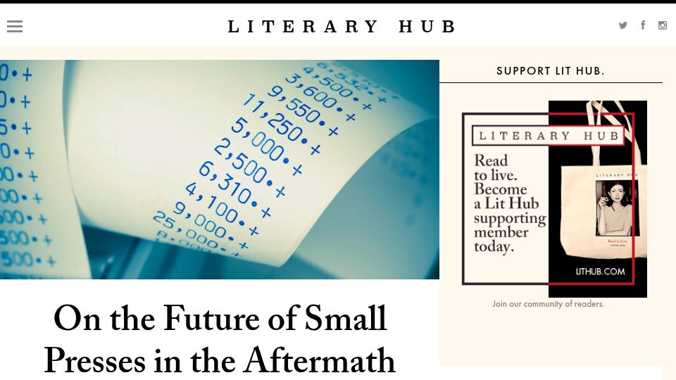 Screenshot of lithub.com: The Future of Small Presses in the Aftermath of the NEA Grant Chaos