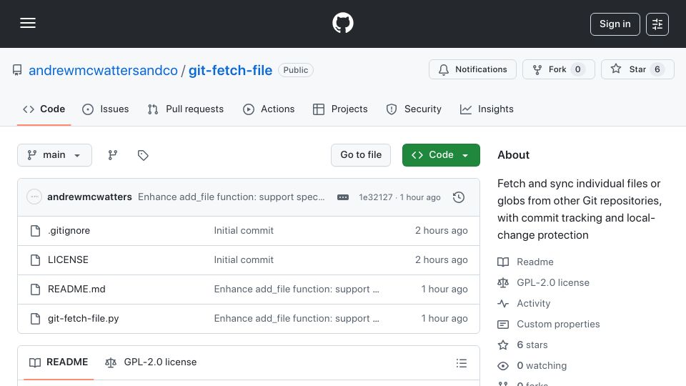 Screenshot of github.com: Git-fetch-file – Sync files from other repos with commit tracking and safety