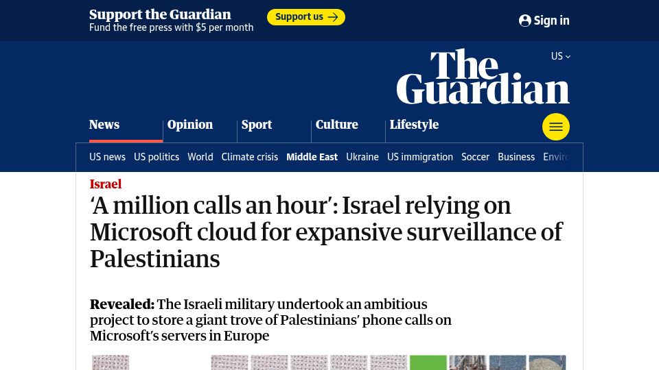 Screenshot of theguardian.com: Israel relying on Microsoft cloud for expansive surveillance of Palestinians