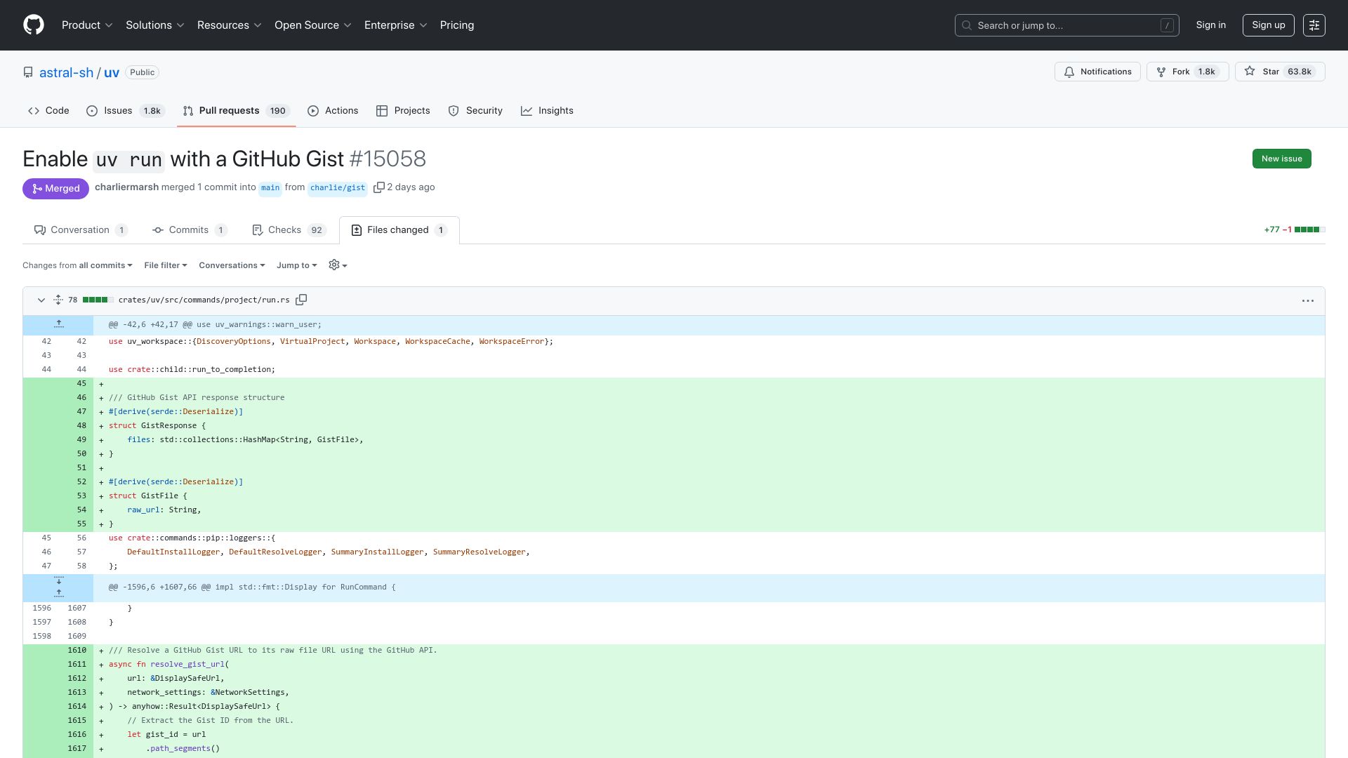Screenshot of github.com: You can now uv run a GitHub gist